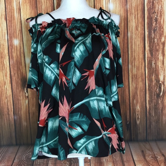 Colette Tops - Colette 1X Tropical Palm Cold Shoulder Smocked Top